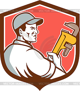 Plumber Monkey Wrench Side Shield Retro - vector image