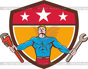 Superhero Handyman Spanner Wrench Shield Cartoon - vector clipart