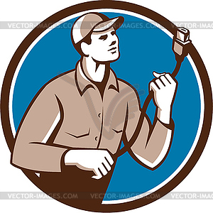 Worker Holding HDMI Plug Cord Circle Retro - vector clip art