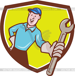 Mechanic Presenting Wrench Shield Cartoon - vector clip art