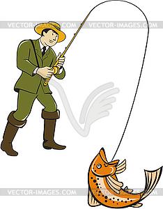 Fly Fisherman Catching Trout Fish Cartoon - vector image