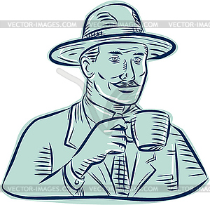 Man Fedora Hat Drinking Coffee Etching - vector image