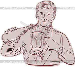 Man Pouring Beer Mug Etching - vector image