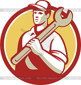 Mechanic Worker Holding Spanner Circle Retro - vector image