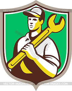 Mechanic Worker Holding Spanner Shield Retro - vector image