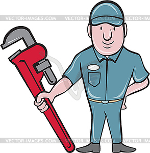 Plumber Standing Attention Wrench Cartoon - vector image