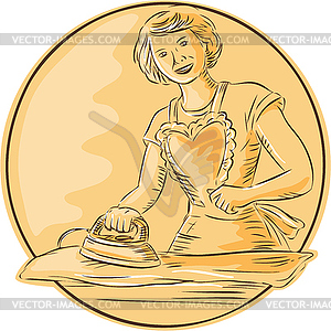 Homemaker Ironing Clothes Vintage Etching - vector EPS clipart