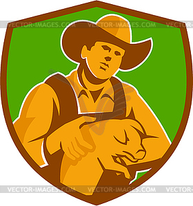 Pig Farmer Holding Piglet Front Shield Retro - vector clip art