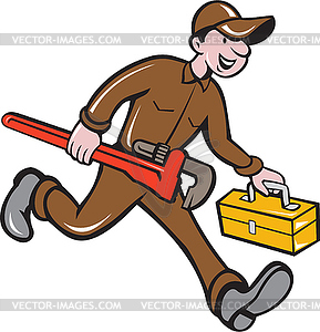 Plumber Carrying Monkey Wrench Toolbox Cartoon - vector clipart