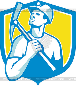 Coal Miner Holding Pick Axe Looking Up Shield Retro - vector clipart