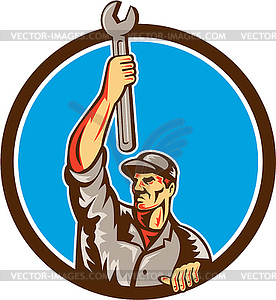 Mechanic Raising Up Spanner Circle Retro - vector clipart