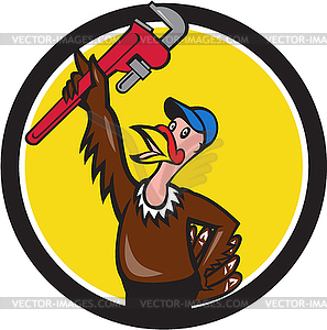 Turkey Plumber Raising Wrench Circle Cartoon - vector clipart