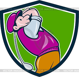 Vintage Golfer Swinging Club Teeing Off Shield - vector image