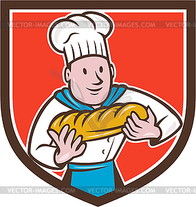 Baker Holding Bread Loaf Shield Cartoon - vector image