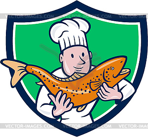 Chef Cook Holding Trout Fish Shield Cartoon - color vector clipart