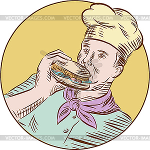 Chef Cook Eating Burger Etching - vector clip art