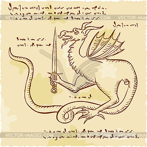 Dragon Holding Sword Etching - vector clipart