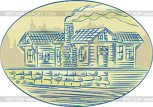 Log Cabin Resort Oval Etching - vector clip art