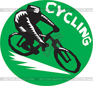 Cyclist Riding Bicycle Cycling Circle Woodcut - vector image