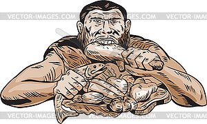 Neanderthal Man Eating Paleo Diet Etching - royalty-free vector clipart