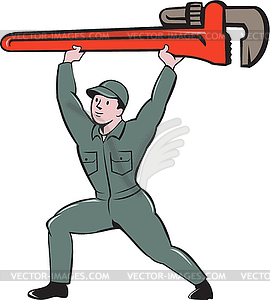 Plumber Lifting Monkey Wrench Cartoon - vector clip art