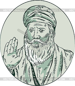 Sikh Guru Priest Waving Etching - vector image