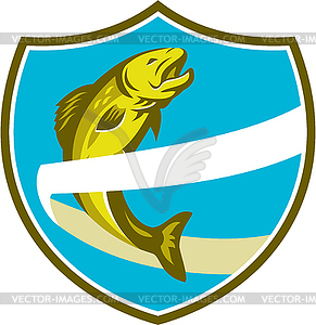 Trout Jumping Over Ribbon Shield Retro - vector image