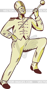 Drum Major Marching Band Leader Etching - vector clipart