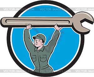 Mechanic Lifting Spanner Wrench Circle Cartoon - color vector clipart