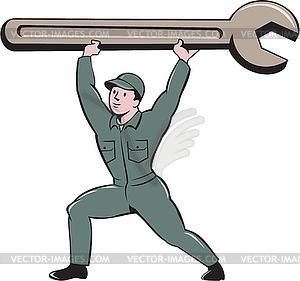 Mechanic Lifting Spanner Wrench Cartoon - vector image