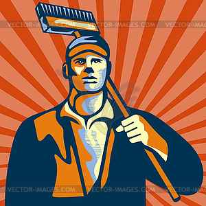 Street Cleaner Holding Broom Front Retro - vector clipart