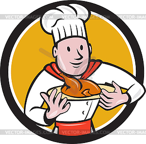 Chef Cook Roast Chicken Dish Circle Cartoon - vector image