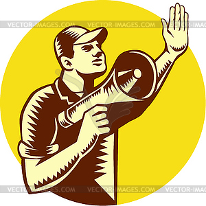 Worker Holding Megaphone Circle Woodcut - vector clip art