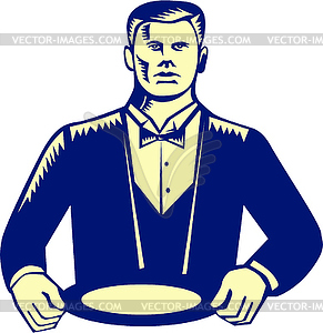 Waiter Cravat Serving Plate Woodcut - vector clipart / vector image