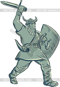 Viking Warrior Striking Sword Etching - vector image