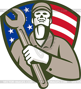 Mechanic Holding Wrench USA Flag Shield Retro - vector clipart