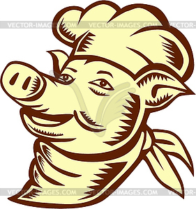 Pig Chef Cook Head Looking Up Woodcut - vector image