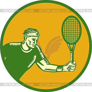 Tennis Player Forehand Circle Woodcut - vector clip art