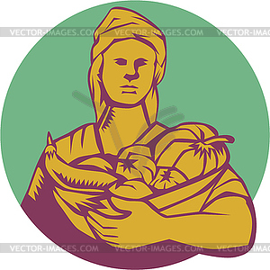 Female Organic Farmer Basket Harvest Circle Woodcut - vector clip art