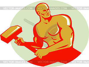 Athlete With Sledgehammer Training Oval Retro - royalty-free vector clipart