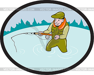 Fly Fisherman Casting Fly Rod Oval Cartoon - vector clipart