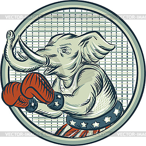 Republican Elephant Boxer Mascot Circle Etching - vector clip art