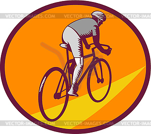 Велосипедист езда велосипедов Велоспорт Овальный ксилография - иллюстрация в векторном формате