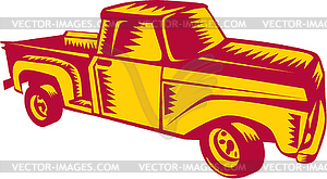 Vintage Pick Up Truck Woodcut - vector clip art