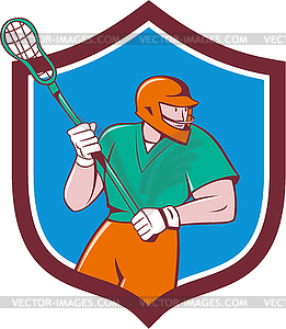 Lacrosse Player Crosse Stick Running Shield Cartoon - vector clip art