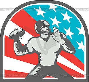 American Football Quarterback QB USA Flag Woodcut - vector image