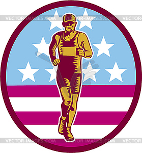 Marathon Runner USA Flag Circle Woodcut - vector clipart