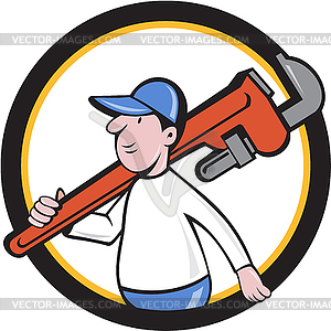 Plumber Holding Monkey Wrench Circle Cartoon - vector image