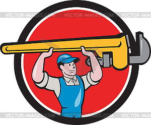 Plumber Lifting Monkey Wrench Circle Cartoon - vector clipart