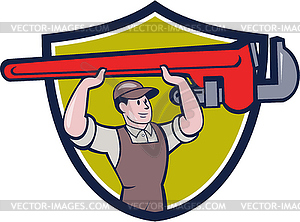 Plumber Lifting Monkey Wrench Crest Cartoon - vector clip art